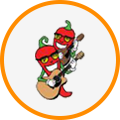 A chili pepper with sunglasses and a guitar.