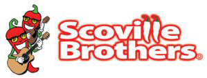 A red and white logo for scovi broth.
