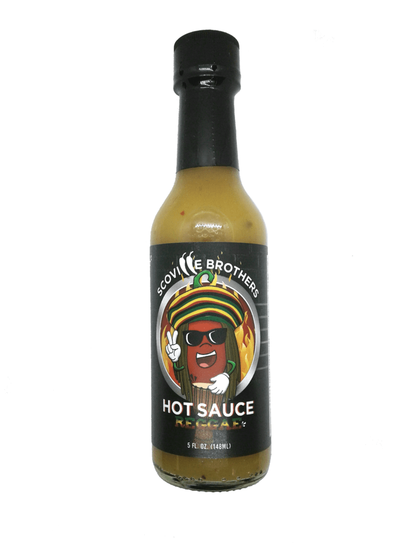 A bottle of hot sauce with an image of a man wearing a hat.